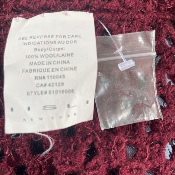 IISLI Womens sz L 100% Wool Burgundy Sequins Pullover Sweater Top Open Knit - Picture 5 of 6